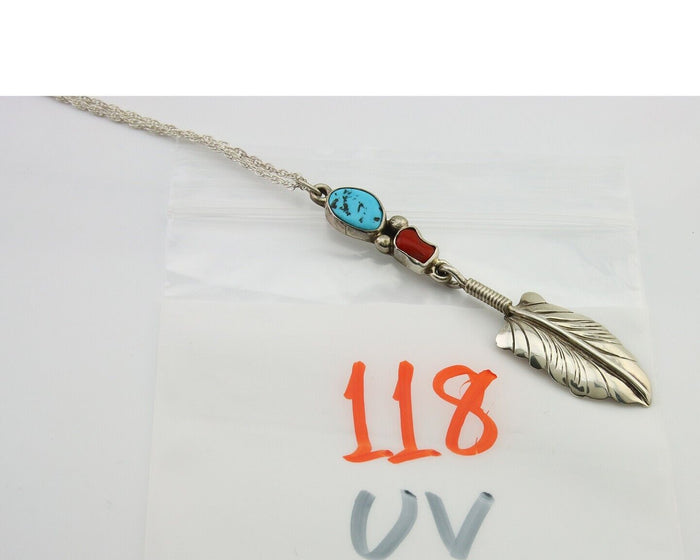 Navajo Feather Necklace 925 Silver Coral & Turquoise Signed M Montoya C.80's