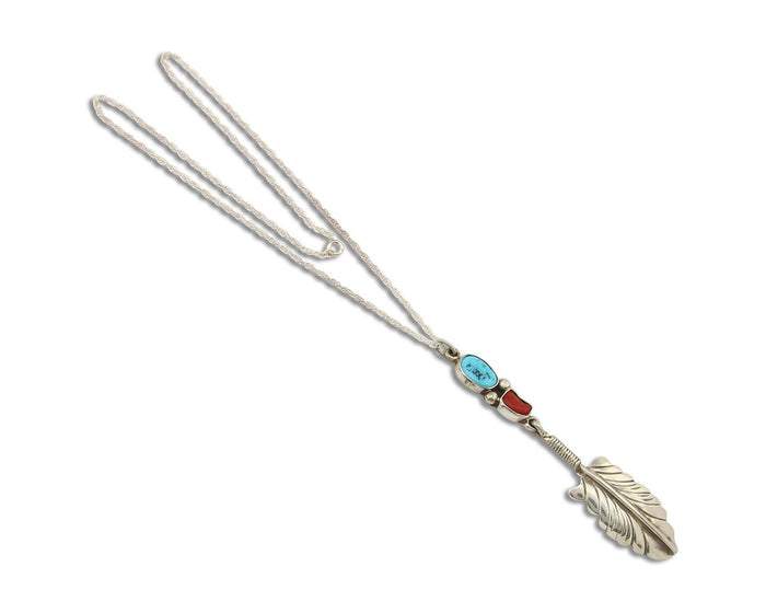 Navajo Feather Necklace 925 Silver Turquoise & Coral Signed M Montoya C.80's