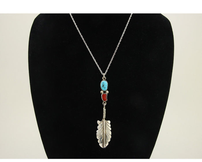 Navajo Feather Necklace 925 Silver Turquoise & Coral Signed M Montoya C.80's