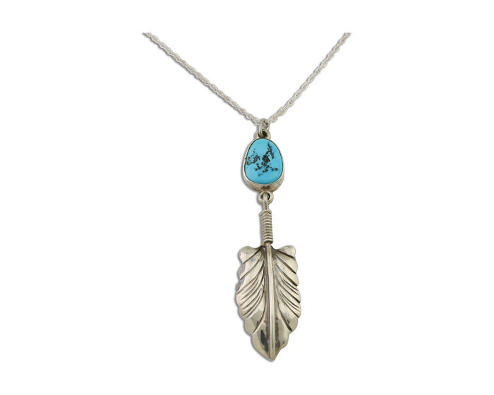 Navajo Feather Turquoise Necklace 925 Silver Artist Signed M Montoya C.80's