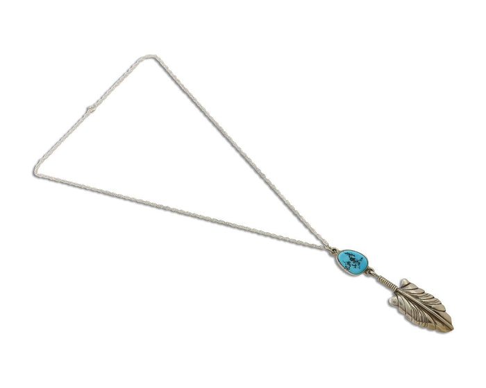 Navajo Feather Turquoise Necklace 925 Silver Artist Signed M Montoya C.80's