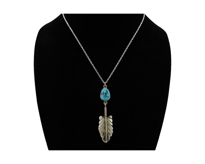Navajo Feather Turquoise Necklace 925 Silver Artist Signed M Montoya C.80's