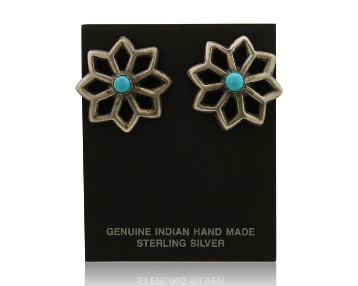 Navajo Flower Earrings 925 Silver Natural Turquoise Native Artist C.80's