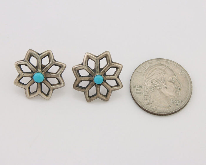 Navajo Flower Earrings 925 Silver Natural Turquoise Native Artist C.80's