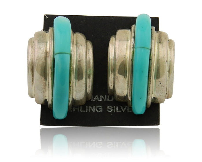Navajo Half Hoop Earrings 925 Silver Natural Turquoise Artist Signed ShaRay C80s