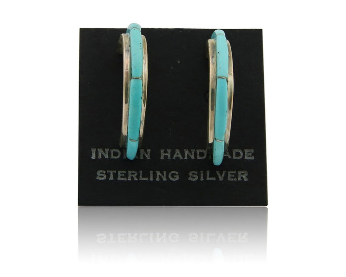 Navajo Half Hoop Earrings 925 Silver Natural Turquoise Native American Artist 80