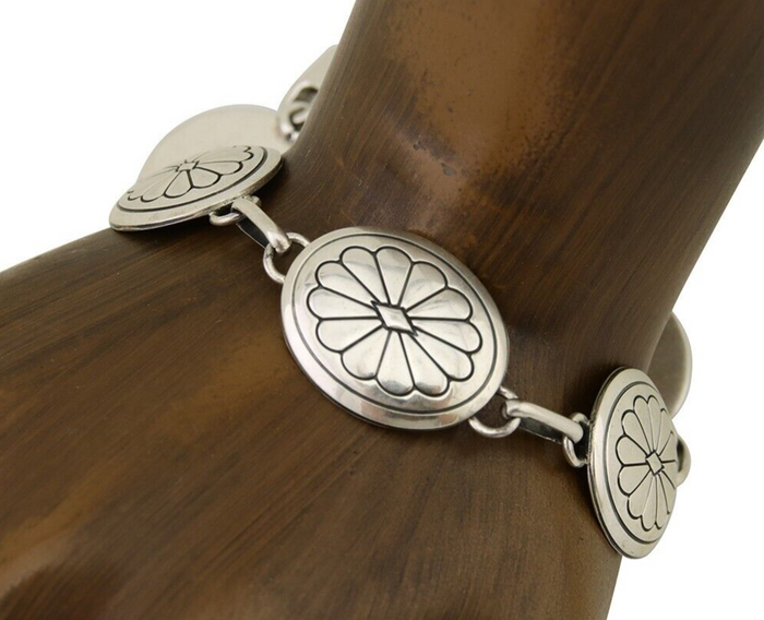 Navajo Hamdmade Concho Bracelet 925 Silver Native Artist Signed Edith James C80s