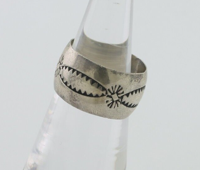 Navajo Hand Stamped Band 925 Silver 11 mm Native Artist Size 5.5 C.80's