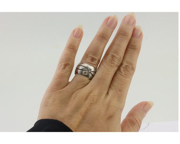 Navajo Hand Stamped Band 925 Silver 11 mm Native Artist Size 5.5 C.80's