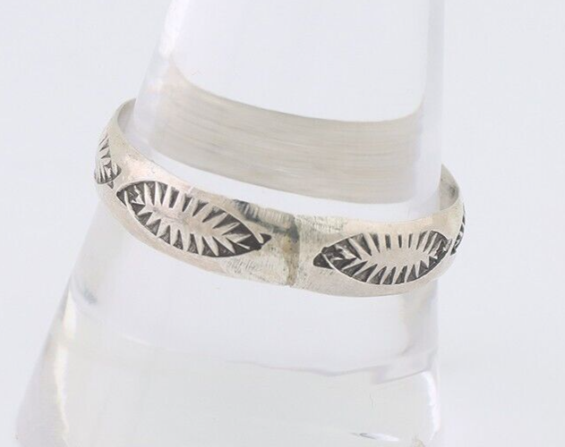 Navajo Hand Stamped Band 925 Silver 5.0 mm Signed Larry Chavez Size 11 C.80's