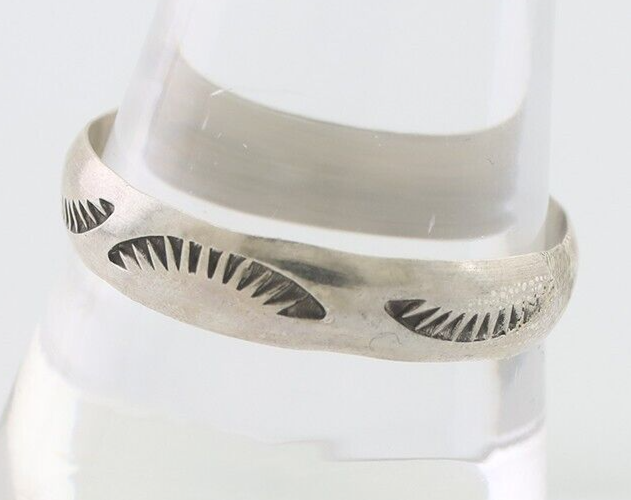 Navajo Hand Stamped Band 925 Silver 5.0 mm Signed Larry Chavez Size 12 C.80's