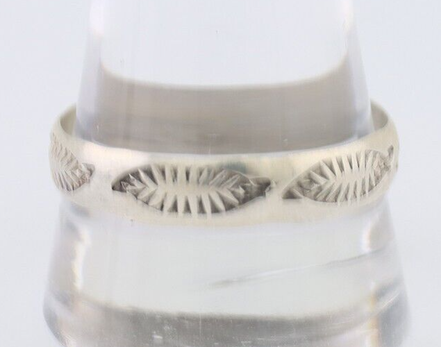 Navajo Hand Stamped Band 925 Silver 5.0 mm Signed Larry Chavez Size 13 C.80's