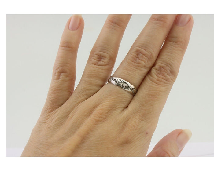 Navajo Hand Stamped Band 925 Silver 5.0 mm Signed Larry Chavez Size 6.25 C.80's