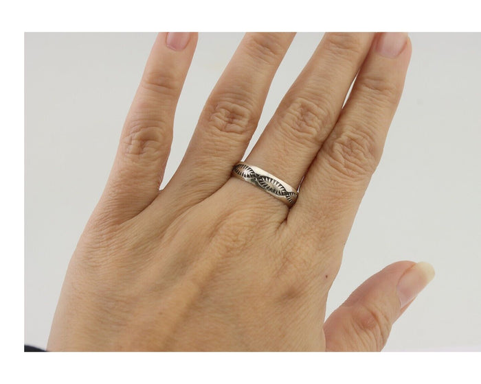 Navajo Hand Stamped Band 925 Silver 5.0 mm Signed Larry Chavez Size 8.35 C.80's