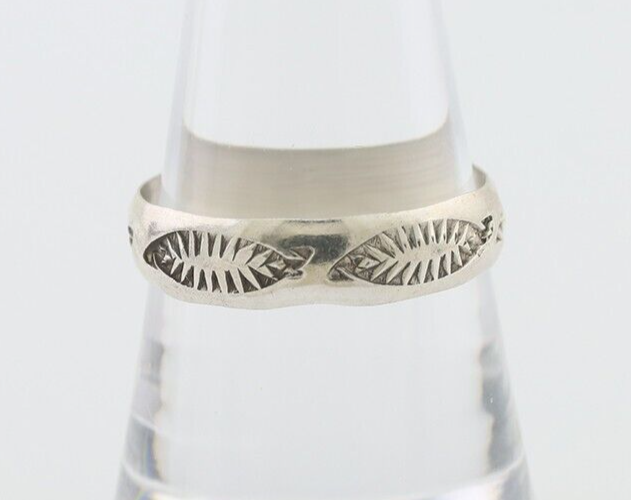 Navajo Hand Stamped Band 925 Silver 5.0 mm Signed Larry Chavez Size 8.5 C.80's
