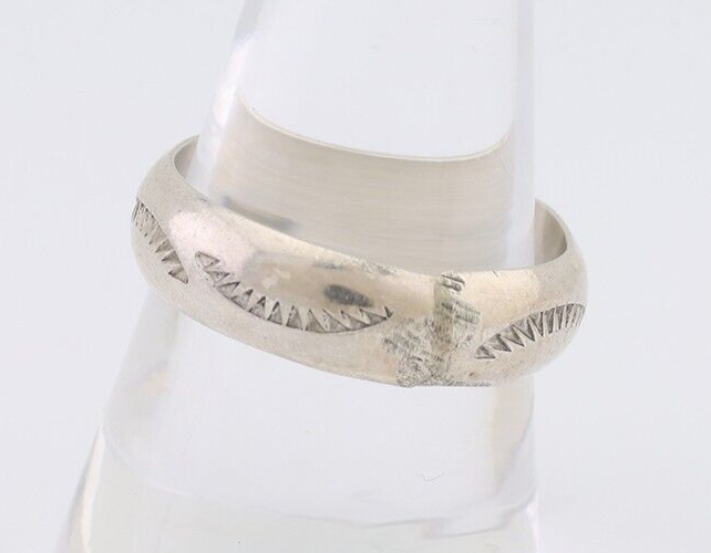 Navajo Hand Stamped Band 925 Silver 6.0 mm Signed Larry Chavez Size 10 C.80's