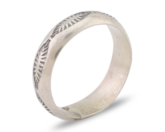 Navajo Hand Stamped Band 925 Silver 6.0 mm Signed Larry Chavez Size 10.5 C.80's