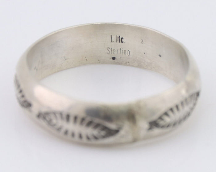 Navajo Hand Stamped Band 925 Silver 6.0 mm Signed Larry Chavez Size 10.5 C.80's