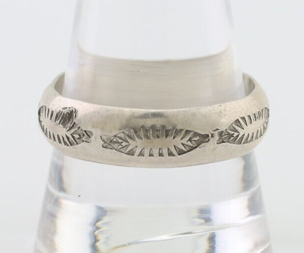 Navajo Hand Stamped Band 925 Silver 6.0 mm Signed Larry Chavez Size 11 C.80's