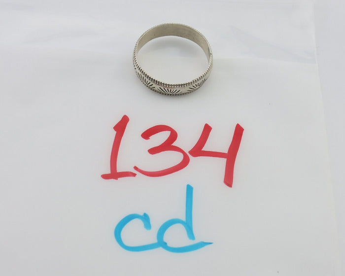 Navajo Hand Stamped Band 925 Silver 6.0 mm Signed Larry Chavez Size 12.75 C.80's