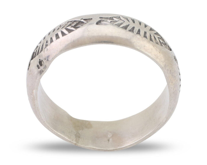 Navajo Hand Stamped Band 925 Silver 6.0 mm Signed Larry Chavez Size 6.5 C.80's