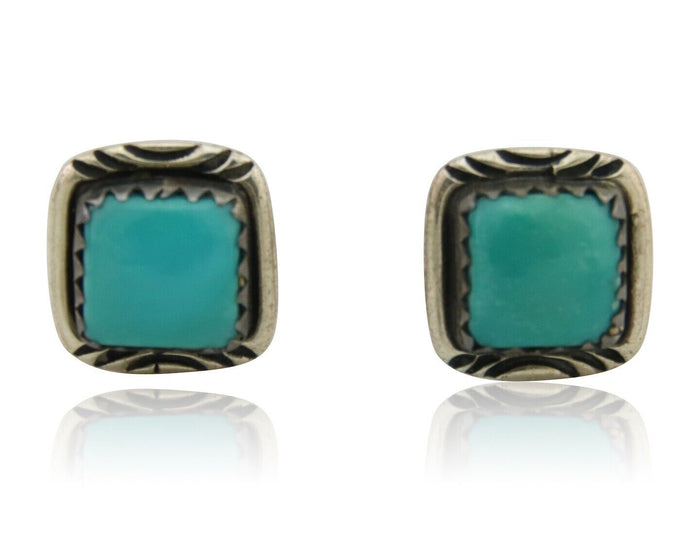 Navajo Hand Stamped Earrings 925 Silver Blue Turquoise Native Artist C.80's