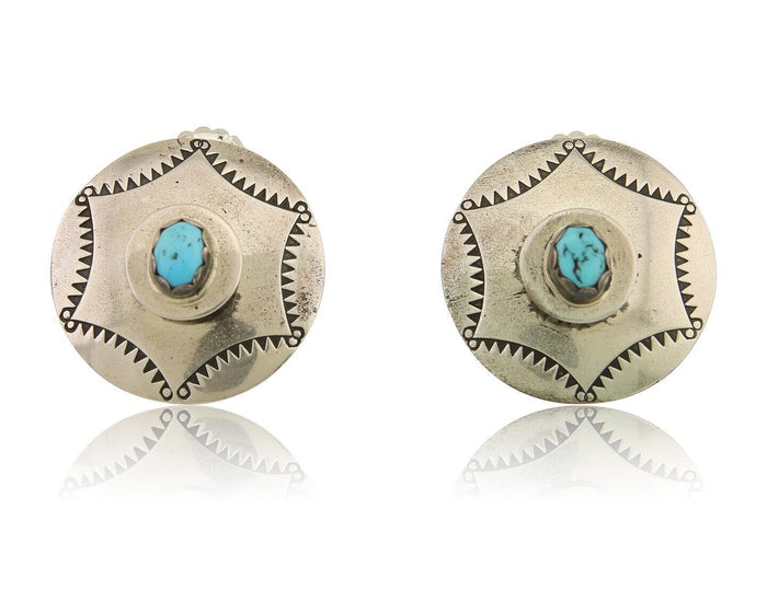 Navajo Hand Stamped Earrings 925 Silver Natural Turquoise Native Artist C.80's