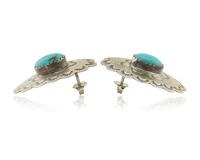 Navajo Hand Stamped Earrings 925 Silver Natural Turquoise Native Artist C.80's