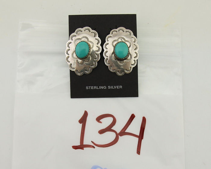 Navajo Hand Stamped Earrings 925 Silver Natural Turquoise Native Artist C.80's
