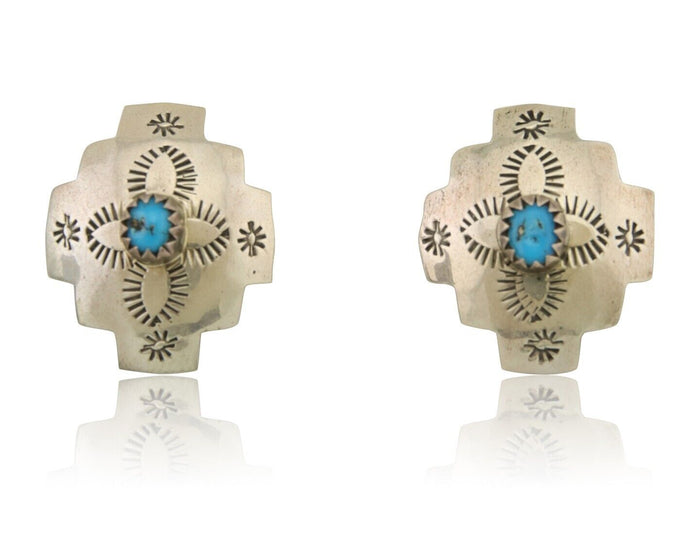 Navajo Hand Stamped Earrings 925 Silver Turquoise Native American Artist C.80's