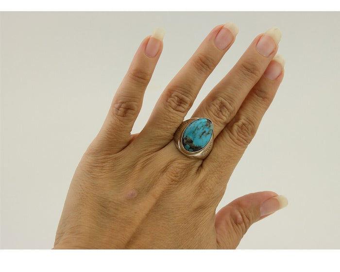 Navajo Hand Stamped Ring 925 Silver Arizona Turquoise Artist C.80's