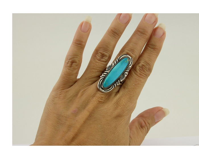 Navajo Hand Stamped Ring 925 Silver Turquoise Native Artist Begay C.80's