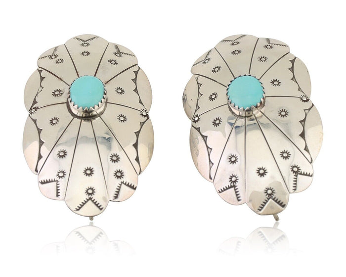 Navajo Hand Stamped Shield Earrings 925 Silver Turquoise Native Artist C.80's