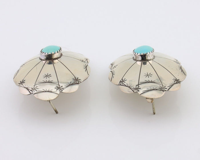 Navajo Hand Stamped Shield Earrings 925 Silver Turquoise Native Artist C.80's