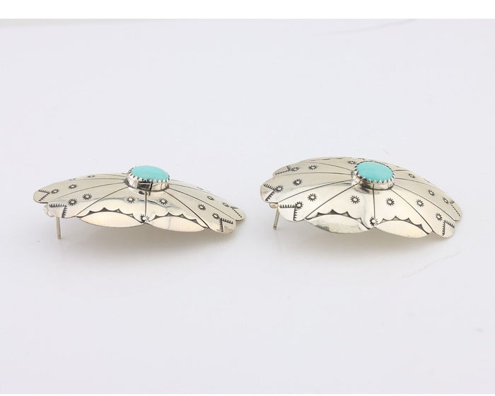 Navajo Hand Stamped Shield Earrings 925 Silver Turquoise Native Artist C.80's