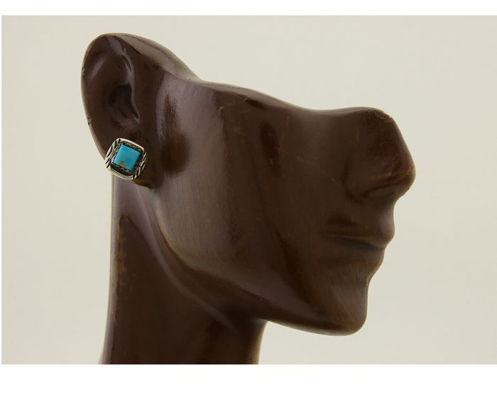 Navajo Hand Stampied Earrings 925 Silver Blue Turquoise Native Artist C.80's