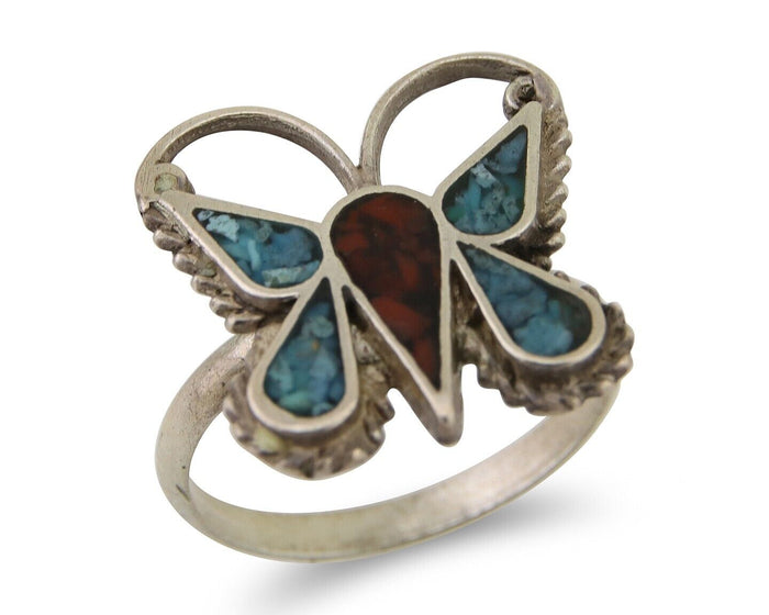 Navajo Handmade Butterfly Ring 925 Silver Coral & Turquoise Native Artist C.80's
