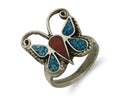 Navajo Handmade Butterfly Ring 925 Silver Coral & Turquoise Native Artist C.80's