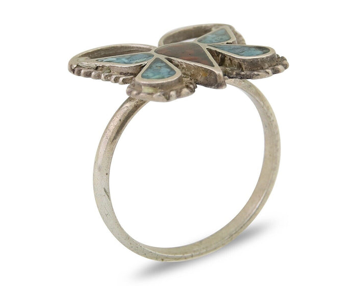 Navajo Handmade Butterfly Ring 925 Silver Coral & Turquoise Native Artist C.80's