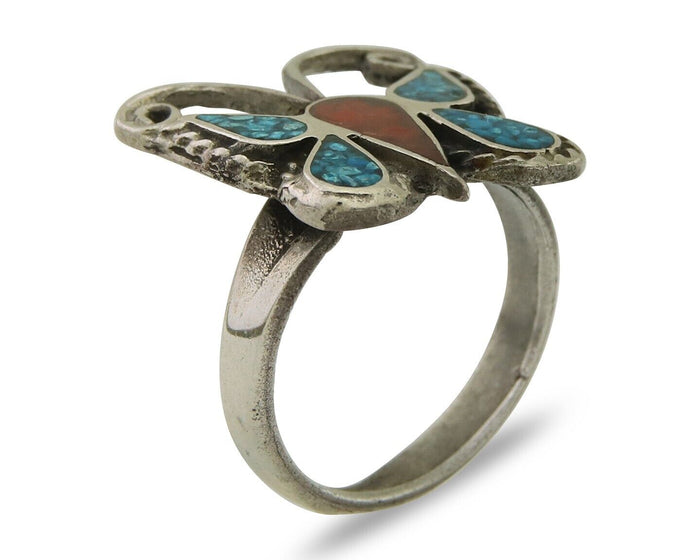 Navajo Handmade Butterfly Ring 925 Silver Coral & Turquoise Native Artist C.80's