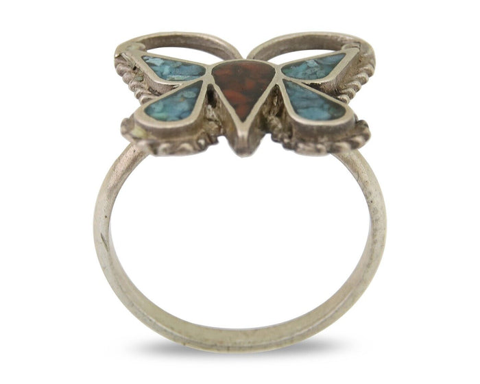 Navajo Handmade Butterfly Ring 925 Silver Coral & Turquoise Native Artist C.80's