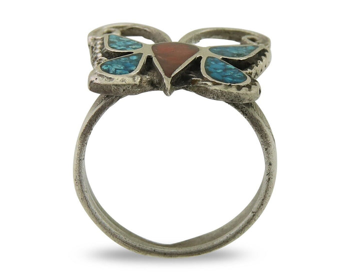 Navajo Handmade Butterfly Ring 925 Silver Coral & Turquoise Native Artist C.80's