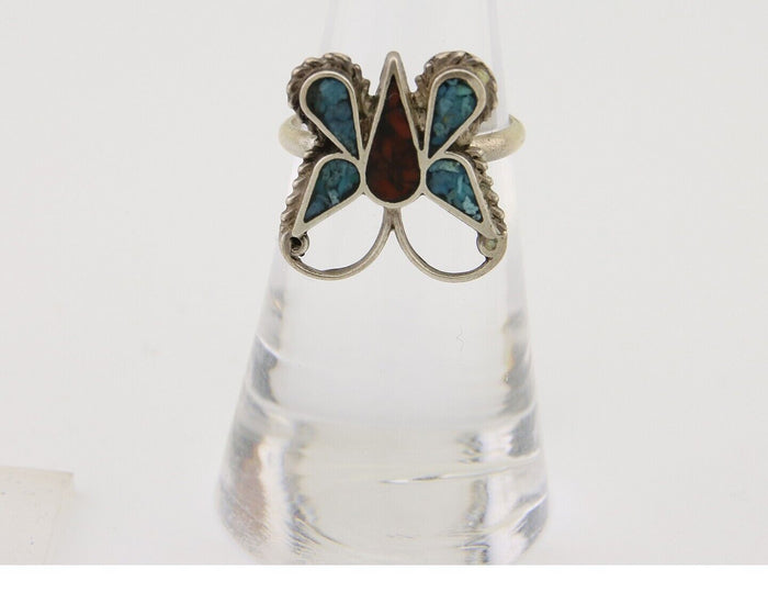 Navajo Handmade Butterfly Ring 925 Silver Coral & Turquoise Native Artist C.80's