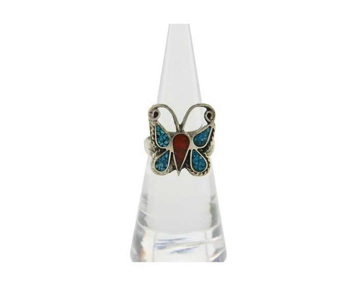 Navajo Handmade Butterfly Ring 925 Silver Coral & Turquoise Native Artist C.80's