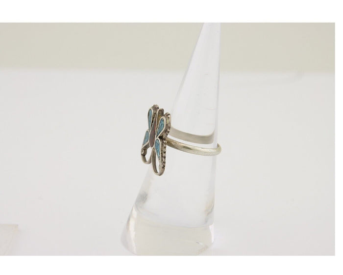 Navajo Handmade Butterfly Ring 925 Silver Coral & Turquoise Native Artist C.80's