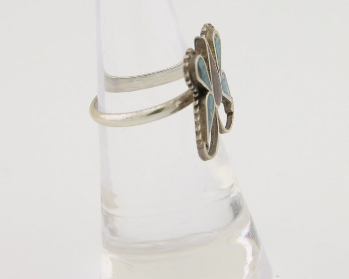 Navajo Handmade Butterfly Ring 925 Silver Coral & Turquoise Native Artist C.80's