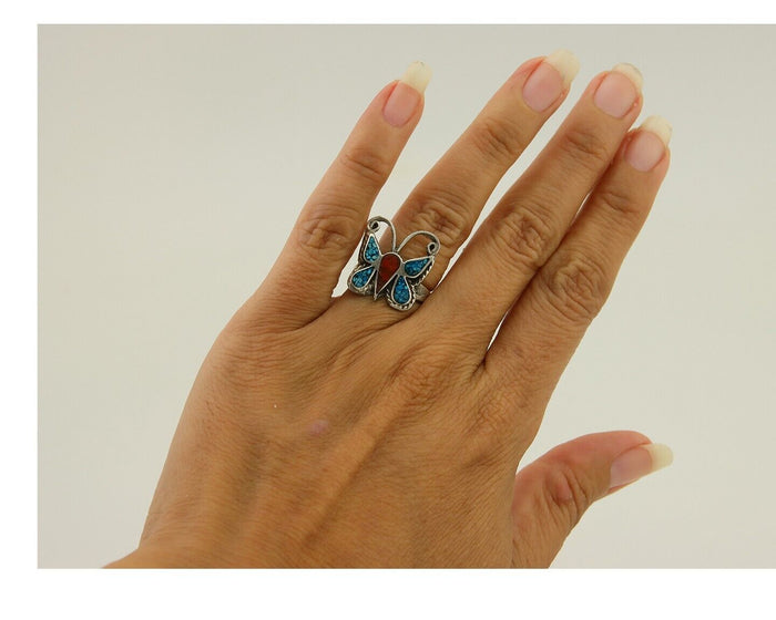 Navajo Handmade Butterfly Ring 925 Silver Coral & Turquoise Native Artist C.80's