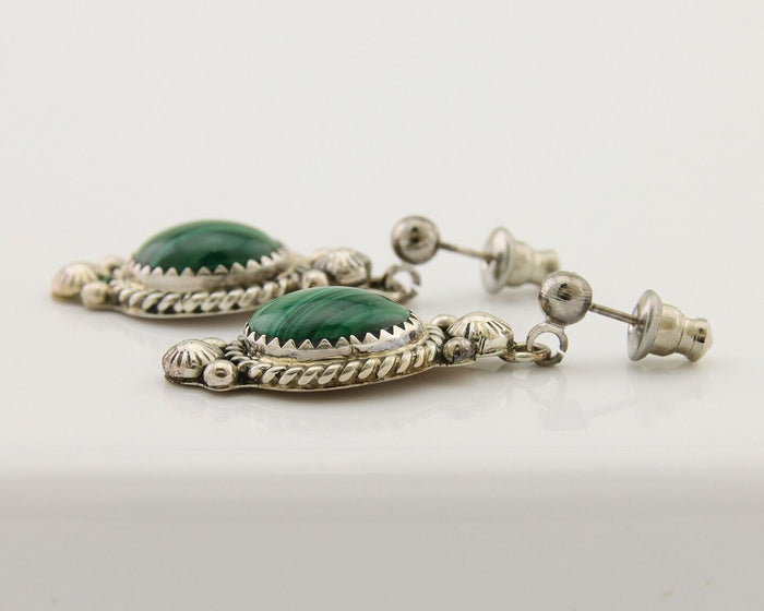 Navajo Handmade Earrings 925 Silver Malachite Native American Artist C.80's