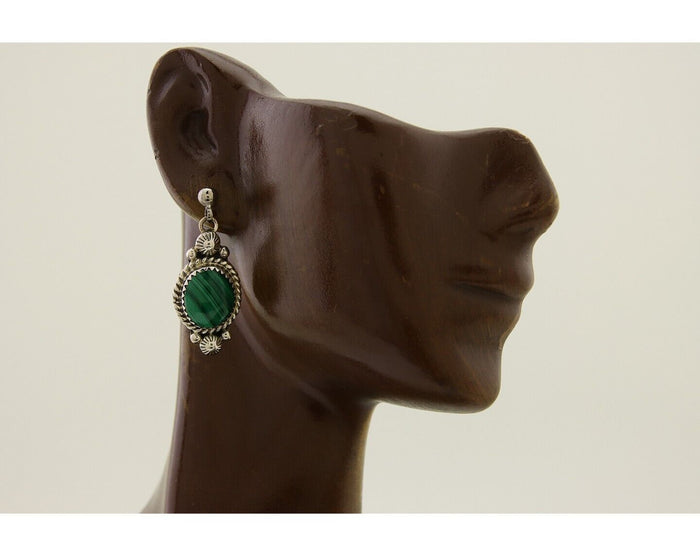 Navajo Handmade Earrings 925 Silver Malachite Native American Artist C.80's