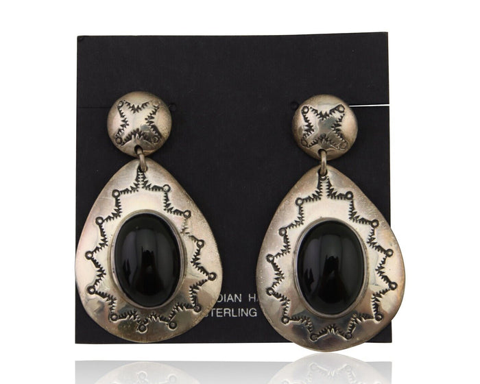 Navajo Handmade Earrings 925 Silver Onyx Artist Douglas Etsitty C.80's